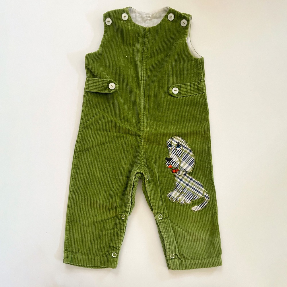Vintage 60s Handmade Green Corduroy Overalls Kids Romper Dog Applique Whimsical